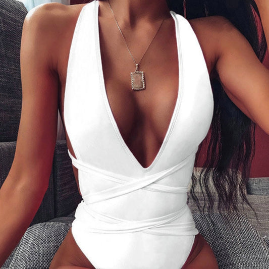 Maillot 1 pièce lacets deep V dos nu — collection Signature Wavly