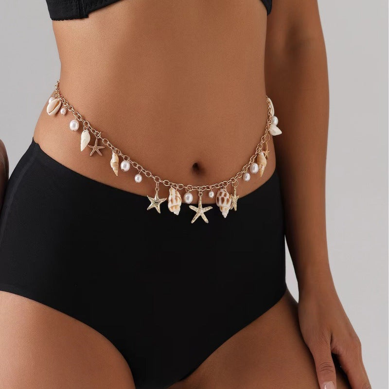Chaîne de taille coquillages bohème dorée — collection Wavly