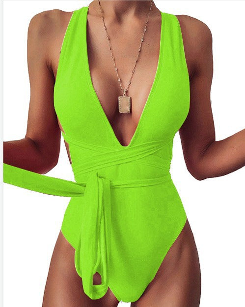 Maillot 1 pièce lacets deep V dos nu — collection Signature Wavly